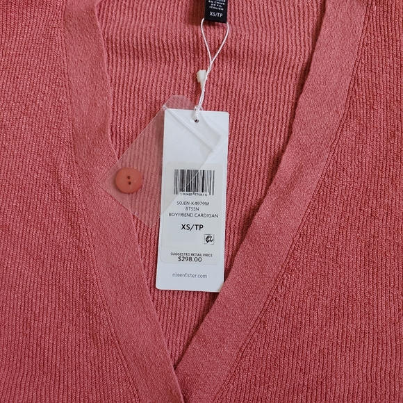 Eileen Fisher Organic Linen Crepe Stretch Boyfriend Cardigan "Coral" - Picture 6 of 10